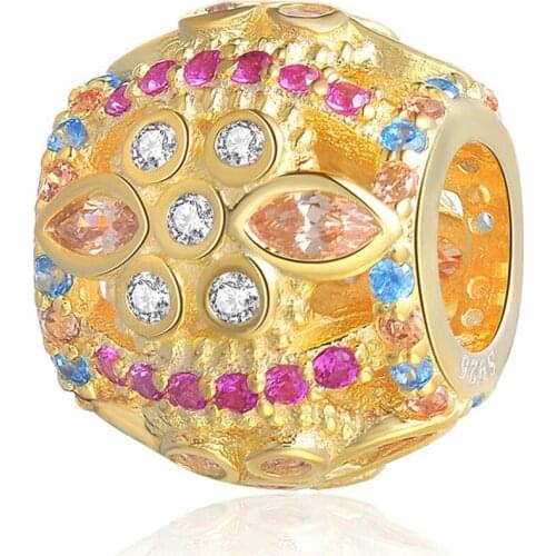 Authentic S925 Color Fresco Charm, Golden & Multi-Colored Crystals & Pink CZ fit Lady Bracelet Bangle Jewelry