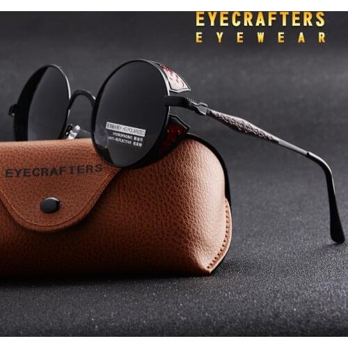 2020 Polarized Gothic Steampunk Sunglasses Coating Mirrored Round Circle Sun glasses Retro Vintage Gafas Masculino Black