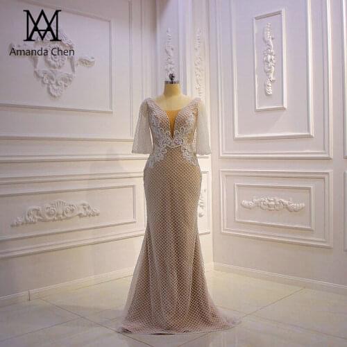 Robe mariage Half Sleeve Lace Appliques Grid Bead Champagne Wedding Dress