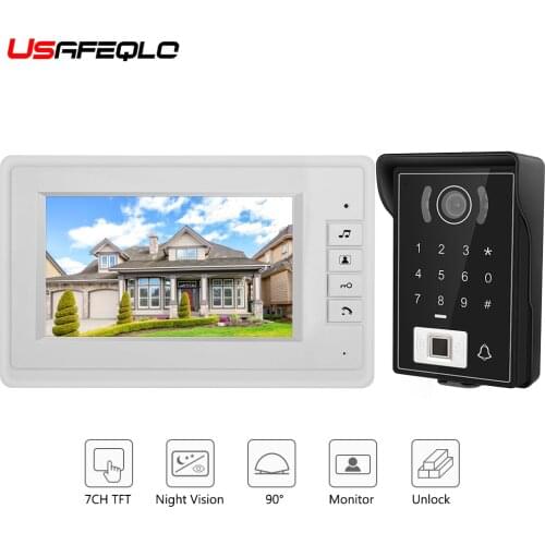 7 Inch Color Recording Monitor Video Door Phone Intercom System with Waterproof Cover Outdoor CMOS Camera Fingerprint unlock