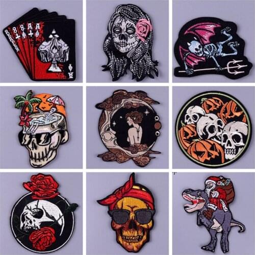Embroidery Patches Iron On Clothes Hippie Skull Stripes Stickers Badge For Jackets Dinosaur Poker Applique Animal Patching DIY
