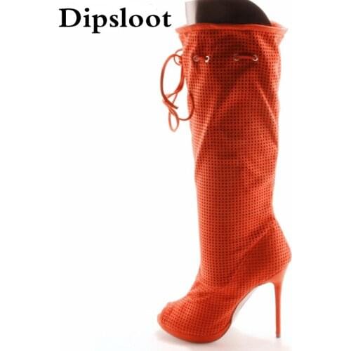 Factory Sexy Small Hole Perforation Fish toe Med Calf Boots Summer Stiletto High Heels Fretwork Bandage Lace up Sandals Botas