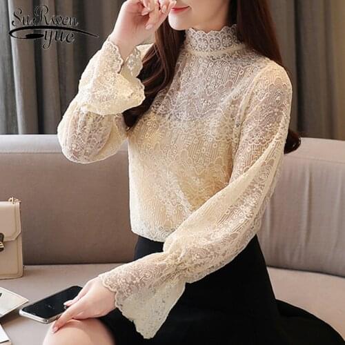 2021 Spring Fashion Hollow Horn Sleeve Long Sleeve Women Tops and Blouses Solid White Apricot Base Lace Shirts Female 8144 50