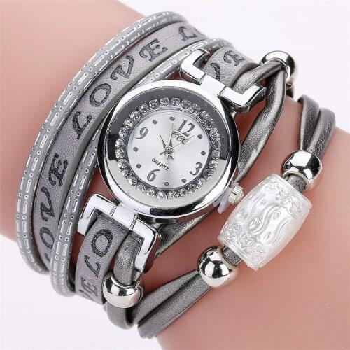Women Bracelet Quartz Watches Luxury Love Print Leather Band Beaded Charm Wrist Watches Relogio Feminino