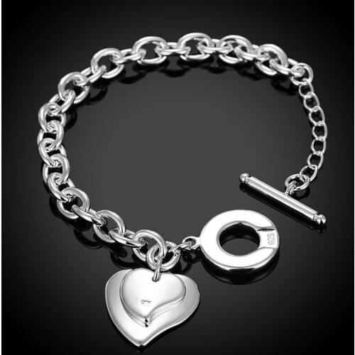 Charm women romantic Double Heart card Pendant 925 sterling silver Bracelets Wedding party Christmas Gifts fashion Jewelry