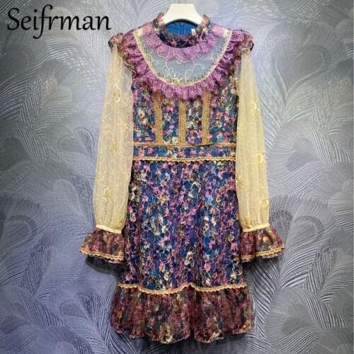 Seifrmann New 2021 Summer Women Fashion Runway Party Short Dress Flare Sleeve Ruffles Lace Printed Elegant Ladies A-Line Dresses
