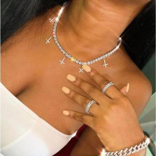 Ice Out sparking Bling 5a Cubic Zirconia cross pendant choker necklace for hip hop women charm fashion party jewelry wholesale