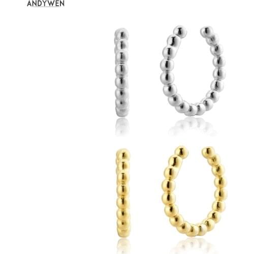ANDYWEN 925 Sterling Silver Gold Beads Earcuff Cuffs Earring Piercing Non Piercing Clips Slim Simple Wedding Rock Punk Jewelry