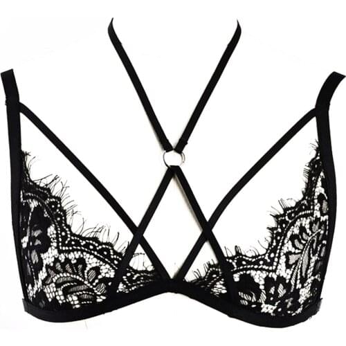 JLX.HARNESS Women Lace Bra Body Harness Lace Crop Top Cage Bra Black Strappy Hollow Out Bralette Bustier Wire Free Bras