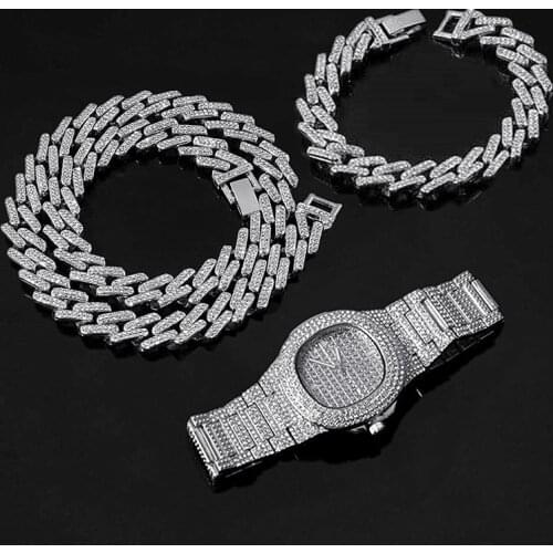 Hip Hop Miami Curb Cuban Chain Choker Gold Sliver Iced Out Paved Rhinestone Bling Rapper for Men Fashion Watch Necklace Bracelet