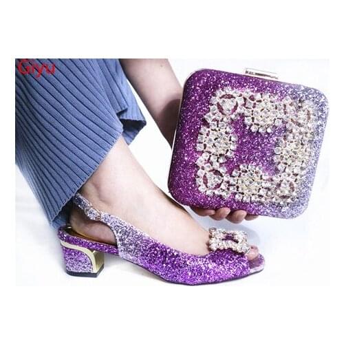 Doershow Fashion purple women Fur pumps and bag with rhinestone decoration african shoes match handbag set for dress HLP1-18