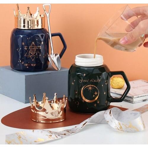 Creative mug with lid spoon Nordic coffee cup office crown ceramic cup flower teacup tumbler cup cute coffee mug and cup CL40906