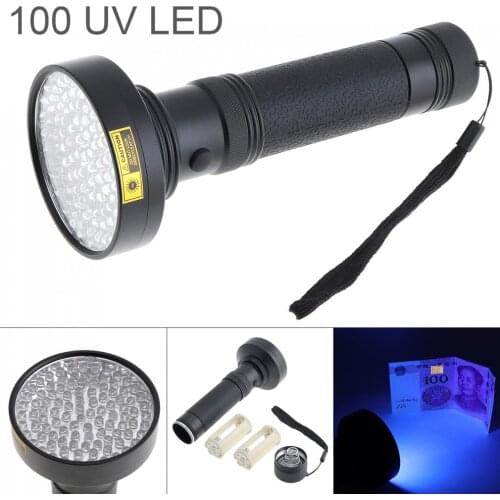 Multi-function 395nm Aluminum Alloy UV 100 LED Violet Flashlight Support 6 x AA Batteries for Fluorescent Agent Detection