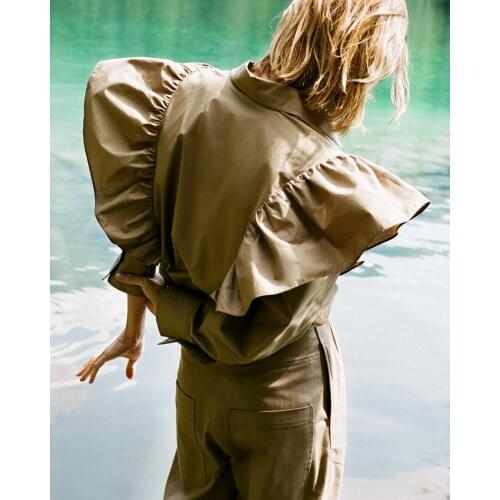 Trendy Chic Khaki Exaggerate Flutter Frills Cotton Shirt Classic Smock Silhouettes Blouse Oversized Flounced Ruffle Casual Top