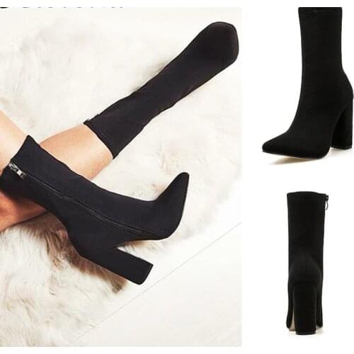 Fashion Female Short Boots High Heel Boots Female Large Size 42 Womens Boots Block Booties Pointed Sexy Thick High Heels Shows