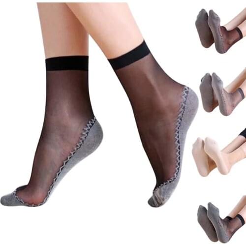 New Spring Summer Women Soft Socks Casual Non-Slip Bottom Splice Fashion Transparent Ladies Girls Thin Breathable Silk Sock