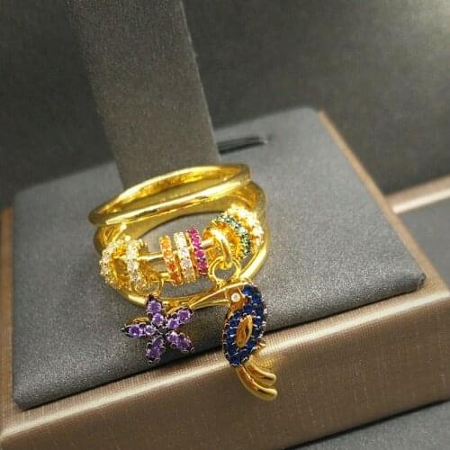 New flower ring Palm Tree fun personality Beaked bird multi-ring Flexible ring multi-layer parrot forefinger ring