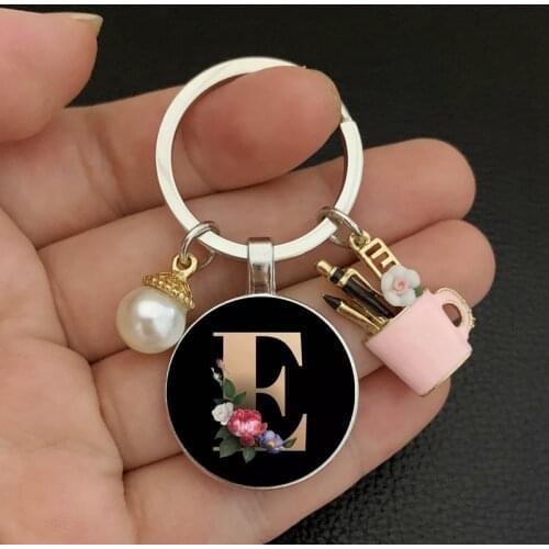 New charm enamel pen holder teachers day gift keychain simple black A-Z letter pattern glass cabochon keychain pearl keychain