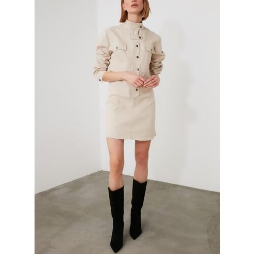 New season Ecru Double Pocket collar detailed Woven Fabric Women Dress chic fashion style 2021