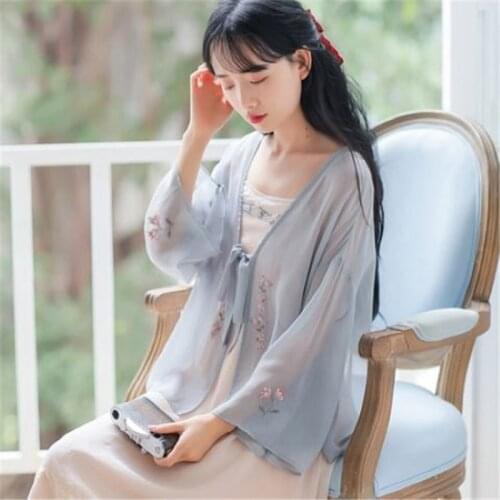Sun Protection Clothing Hanfu Cardigan Women Summer Chiffon Blouses Shirt Chinese Style All-Match Long Sleeve Tops Blusas MM0346