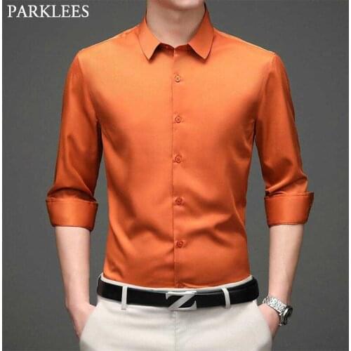 Orange Superfine Fabric Shirt Men 2021 Brand New Elastic Slim Fit Long Sleeve Mens Dress Shirts Non-iron Casual Formal Chemise