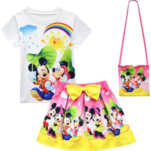 Disney Minnie Mickey Girls Dress Summer Kids Clothes Girl Cartoon Clothing Princess Dress T-shirt and Skirt Set