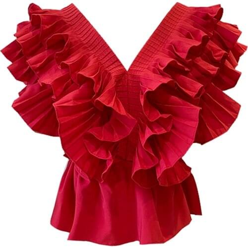 Pleated Solid Chiffon Women Blouse Summer New Design 2021 V-Neck Slim Elegant Office Lady Pulls Tops