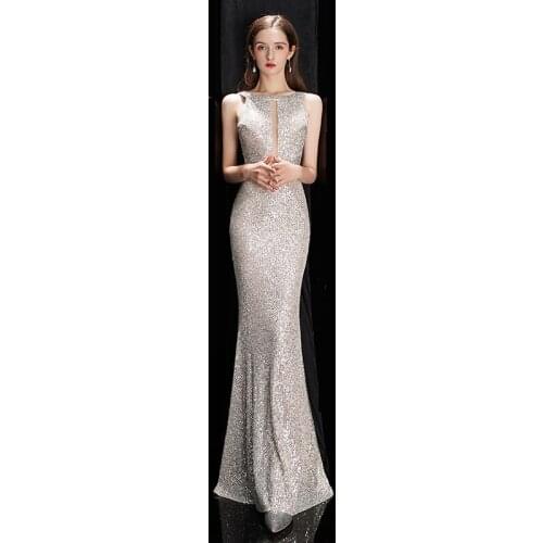 See-through Sexy Long Formal Party Dress Mermaid Off-shoulder Silver Sequins Evening Dress