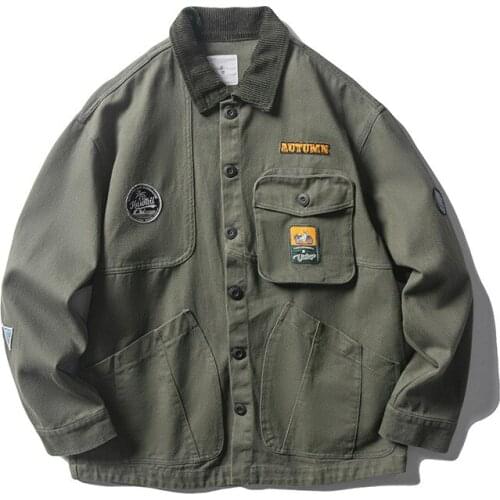 Spring New Multi Pocket Label Contrast Jacket Mens Loose Street Casual Student Tops Outdoor Camping Hiking Labor Cargo Coat