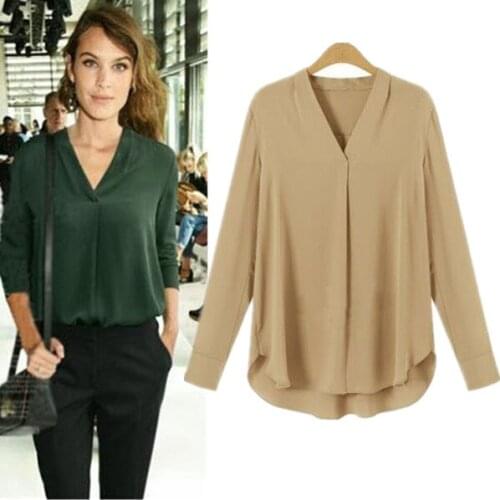 5 Colors Casual V-neck Loose Chiffon Blouse Top, Women Long Sleeve All-match Chiffon Shirt