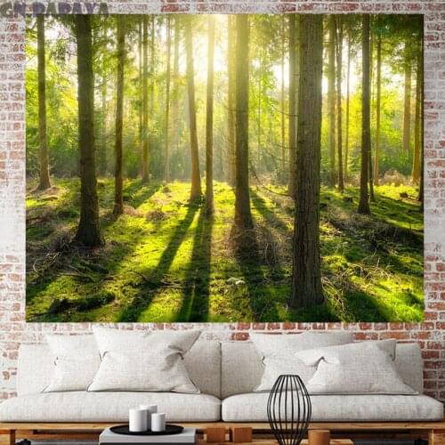 Sunshine forest tapestry farmhouse decor tropical plants goblen landscape Yoga mat Polyester Scenic green Wall Hanging