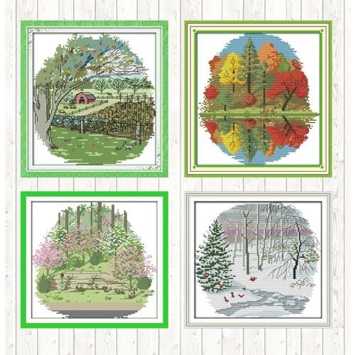 Suburban Four Seasons 14ct 11ct Count Print Canvas Embroidery Kit Cross Stitch Package DIY Crafts Needlework Embroidery Patterns