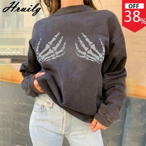 Streetwear Women Long Sleeve Sweatshirts O Neck Skull Print for Halloween Sweatshirt Vintage Loose Gray Fashion Womens Pullover