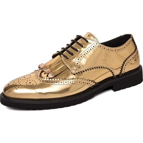Men Patent Leather Shoes Gold Formal Elegant Classic Business Wedding Social Male Fashion Tassel Flat Brogue Party Lace Up