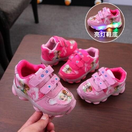 Spring Autumn 2021 Frozen Flashing Lights Shoes Aisha Girls Fashion Light-up Princess Shoes Children LED Lights Casual Sneakers
