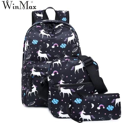 Winmax Waterproof Original Nylon School Backpack for Teenage Girls Women Backpack 3 Pieces Set Unicorn Mochila Escolar Portfolio
