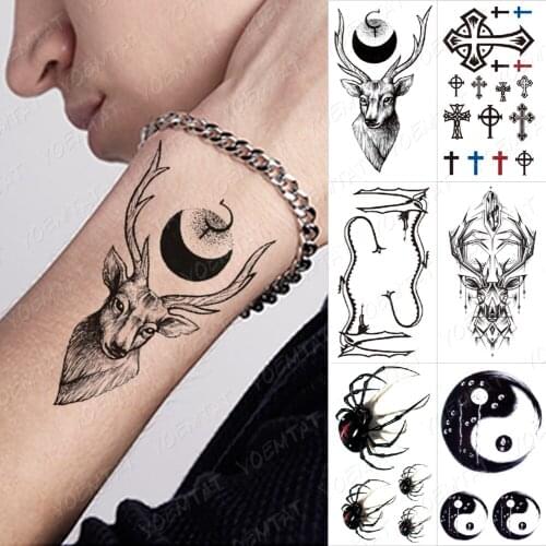 Waterproof Temporary Tattoo Sticker 3D Spider Geometric Deer Gossip Cross Linear Arm Fake Tatto On Man Woman Child Flash Tattoos