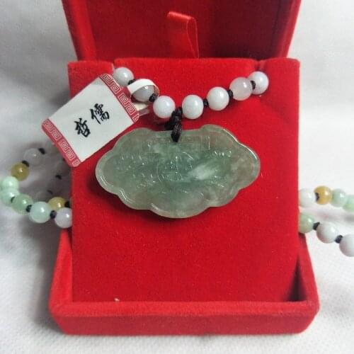 Zhe Ru Jewelry Pure Natural Jadeite Dark Green Baby Peace Lock Pendant Tri-Color Bead Necklace Send A-Level Certificate