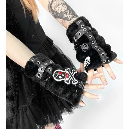 Hot Girls Japanese Harajuku Original Design Black Fuzzy Skull Cross Leather Patch Punk Fingers Arm Sleeves Warm Winter Gloves