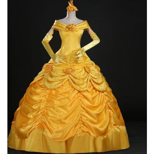 Girl And Beast Belle Cosplay Costume Adult Women Party Dance Princess Dress Fancy Halloween Yellow Rose Ball Gown