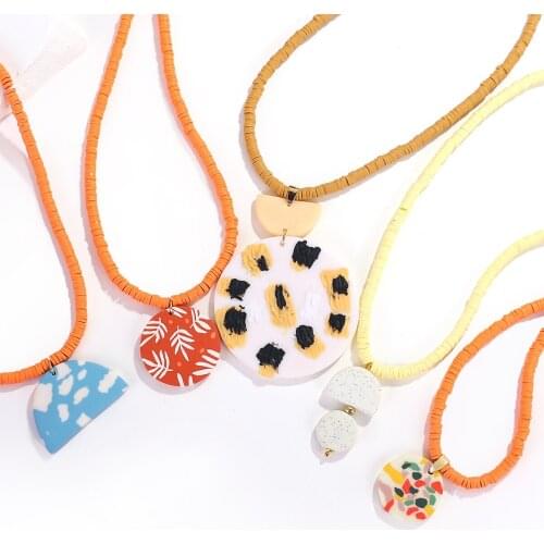 AENSOA Round Printing Clay Disc Polymer Clay Long Necklace For Women Cute Surfer Bead Choker Necklaces Statement Jewelry Gifts