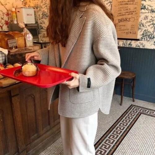 Female Short Single Button Woolen Plaid Coat New Jackets Autumn Winter Women Loose Oversized Houndstooth Drop Shoulder Outerwear