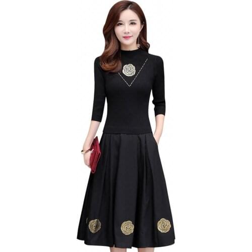 2019 Autumn New Women Elegant Dress Knitted Sweaters Splice Printed Flower Midi Dresses Casual Vintage Slim Dress Vestidos R274