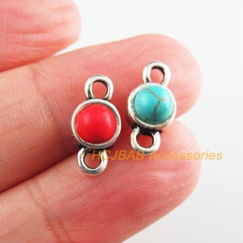 25 New Circle Charms Tibetan Silver Tone Red & Blue Stone Round Connectors 7x14mm