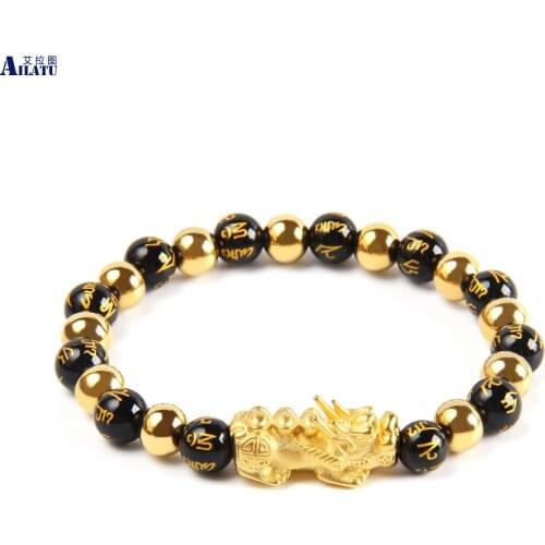 Ailatu Men Women Wristband Gold Pixiu Wealth Bracelet Good Luck Jewelry with Natural Om Black Onyx Stone Beads Top Quality