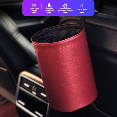 Car Trash Can Foldable Universal Waterproof Leather Car Dust Round Bin Garbage Pocket Hanger Auto Interior Clean Accessories