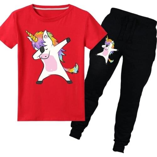 Unicorn 100% cotton new round neck short-sleeved T-shirt trousers baby fashion casual sports cartoon print boys and girls suit