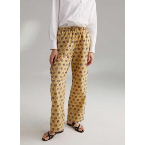 [ElfStyle] - Natal trousers rust Yellow print elasticated Drawstring waistband Woman Wide LEG COTTON PRINTED PANTS 2019
