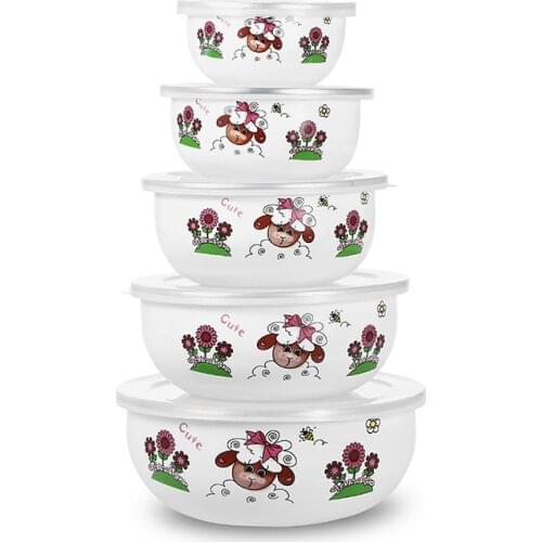 5pcs Enamel ice bowl mixing bowls with seal cover Enamel bowls suit set preservation set ice box mini rice bowl 10-18cm emaye