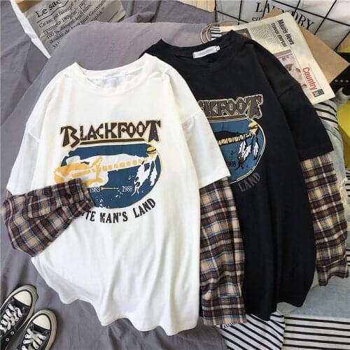 Korean Simple oversized graphic tees Women shirts harajuku Long Sleeve t shirt Leisure Plaid patchwork t shirt white black tops